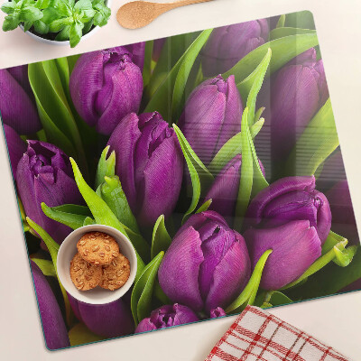 Glasschneidebrett Lila Tulpen mit grünen Blättern