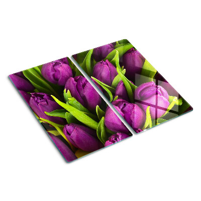 Glasschneidebrett Lila Tulpen mit grünen Blättern