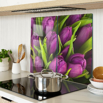Glasschneidebrett Lila Tulpen mit grünen Blättern