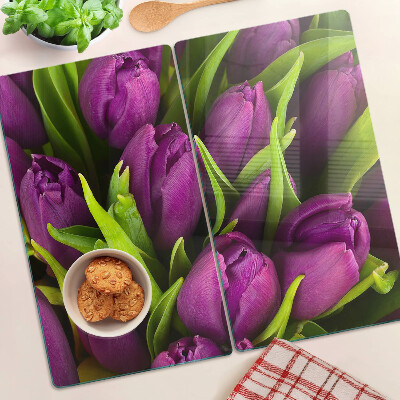 Glasschneidebrett Lila Tulpen mit grünen Blättern