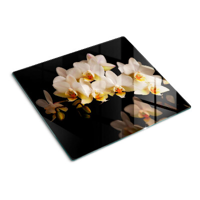 Schneidebrett glas Orchideen auf schwarzem Hintergrund