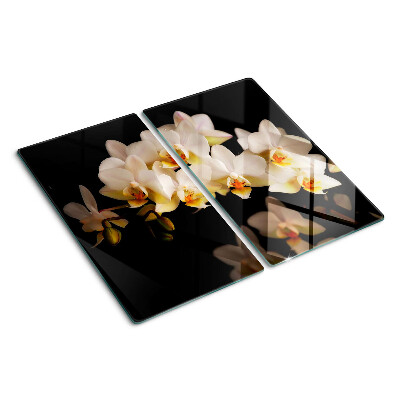 Schneidebrett glas Orchideen auf schwarzem Hintergrund