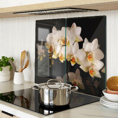 Schneidebrett glas Orchideen auf schwarzem Hintergrund