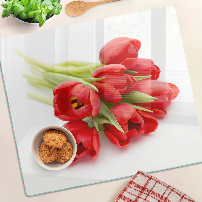 Glasschneidebrett Rote Tulpen auf weißem Hintergrund