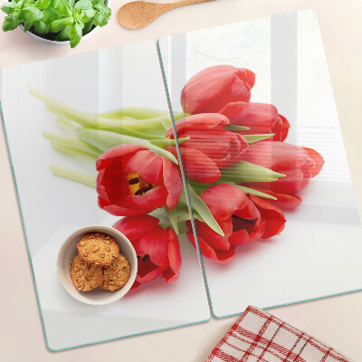 Glasschneidebrett Rote Tulpen auf weißem Hintergrund