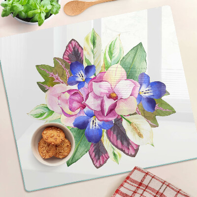 Schneidebrett glas Blumenmuster mit rosa und blauen Blumen