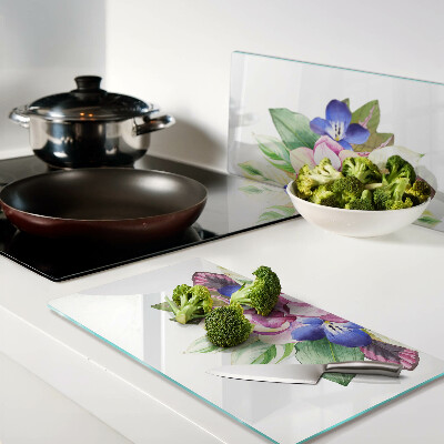 Schneidebrett glas Blumenmuster mit rosa und blauen Blumen