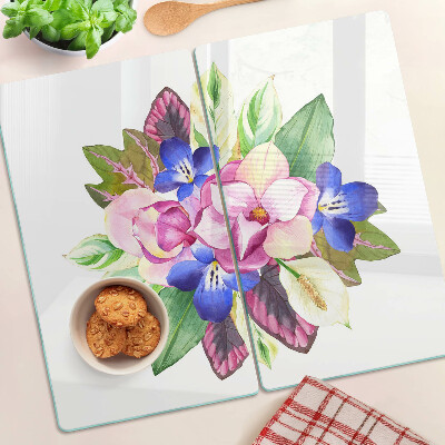 Schneidebrett glas Blumenmuster mit rosa und blauen Blumen