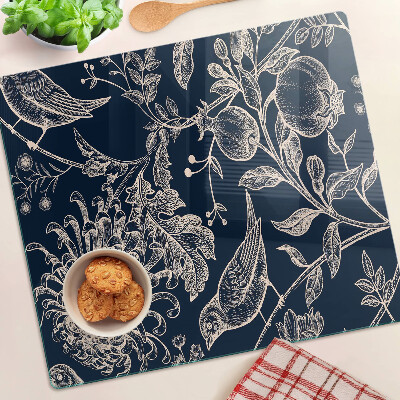 Schneidebrett glas Blumen und Vögel auf dunklem Hintergrund
