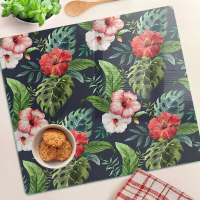 Glasschneidebrett Tropische Blumen mit Blättern