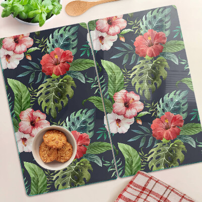 Glasschneidebrett Tropische Blumen mit Blättern
