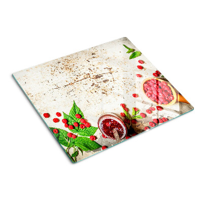 Glasschneidebrett Himbeeren und Blätter