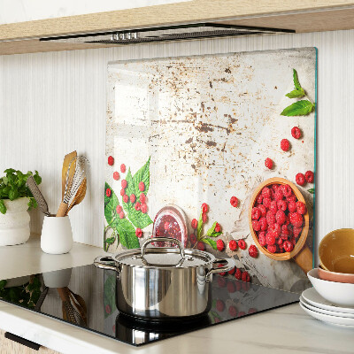 Glasschneidebrett Himbeeren und Blätter
