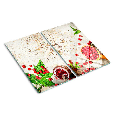 Glasschneidebrett Himbeeren und Blätter