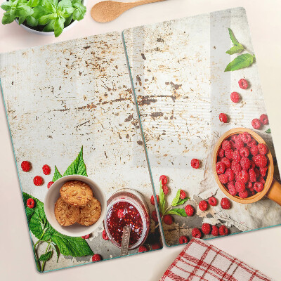 Glasschneidebrett Himbeeren und Blätter