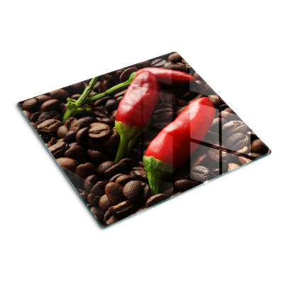 Schneidebrett glas Kaffee und Chilischoten