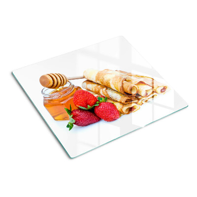 Glasschneidebrett Pfannkuchen mit Honig und Erdbeeren