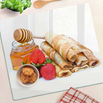 Glasschneidebrett Pfannkuchen mit Honig und Erdbeeren