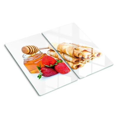Glasschneidebrett Pfannkuchen mit Honig und Erdbeeren