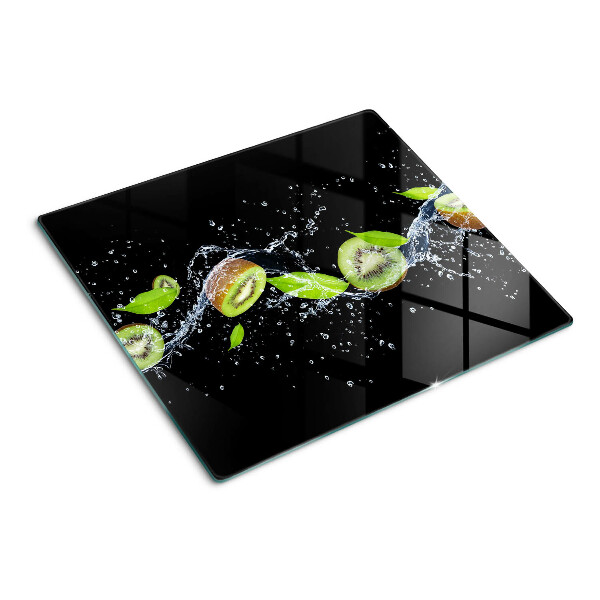 Schneidebrett glas Kiwi im Wasser mit Blättern