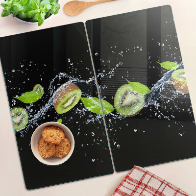 Schneidebrett glas Kiwi im Wasser mit Blättern
