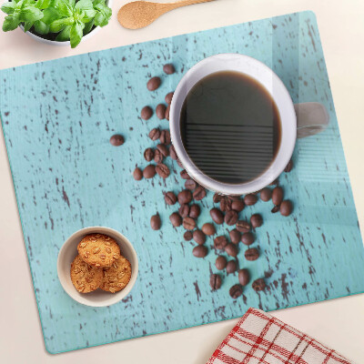 Glasschneidebrett Kaffee und Kaffeebohnen