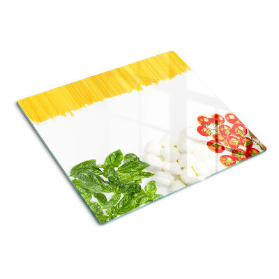 Schneidebrett glas Pasta mit Kräutern und Tomaten
