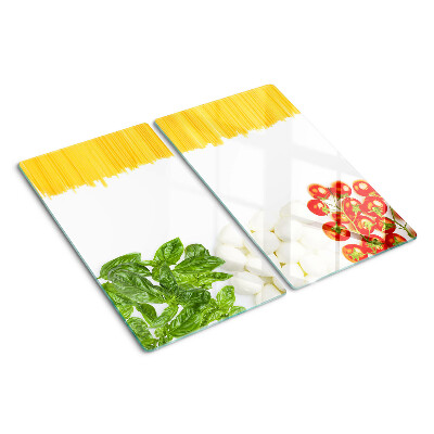 Schneidebrett glas Pasta mit Kräutern und Tomaten