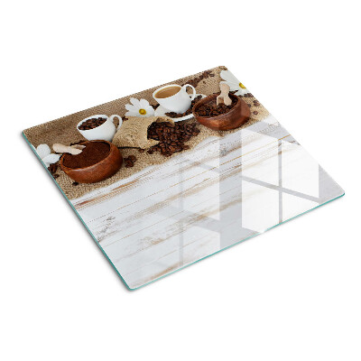 Glasschneidebrett Kaffee und Kaffeebohnen
