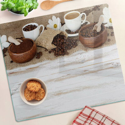 Glasschneidebrett Kaffee und Kaffeebohnen