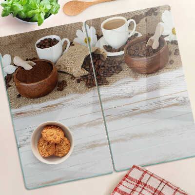 Glasschneidebrett Kaffee und Kaffeebohnen