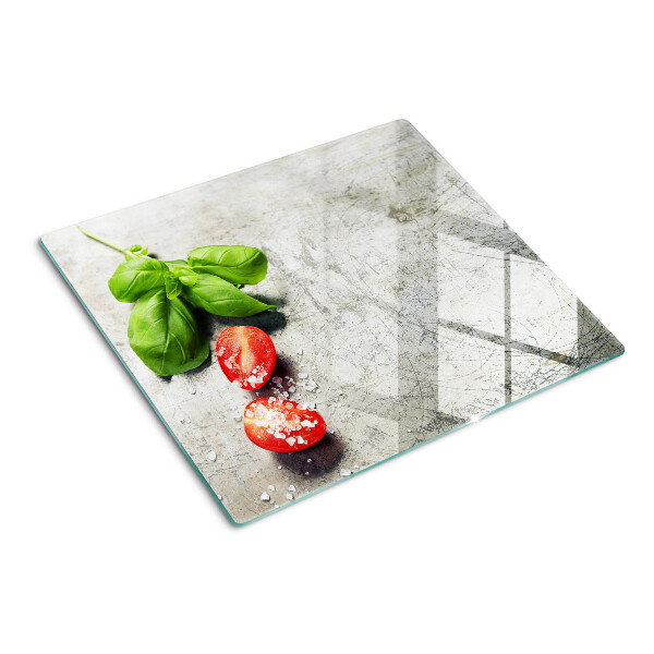 Glasschneidebrett Tomaten mit Basilikum und Salz
