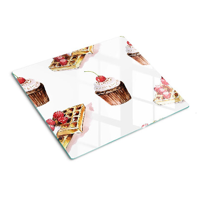 Schneidebrett glas Waffeln und Cupcakes mit Kirschen