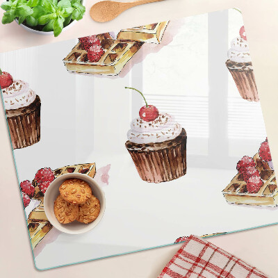 Schneidebrett glas Waffeln und Cupcakes mit Kirschen