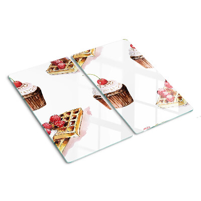 Schneidebrett glas Waffeln und Cupcakes mit Kirschen