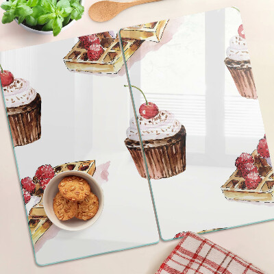 Schneidebrett glas Waffeln und Cupcakes mit Kirschen