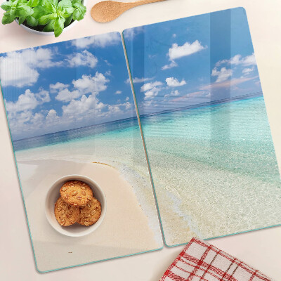 Schneidebrett glas Strand mit blauem Himmel