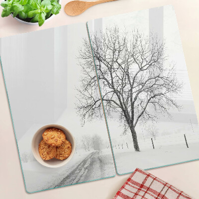 Glasschneidebrett Leere Winterlandschaft mit einem Baum