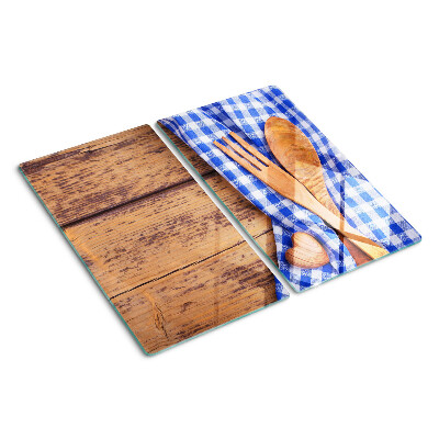 Glasschneidebrett Küchenthema mit Holzaccessoires