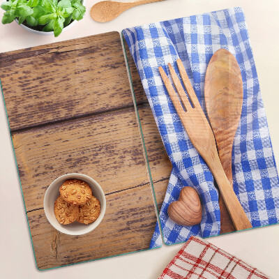 Glasschneidebrett Küchenthema mit Holzaccessoires