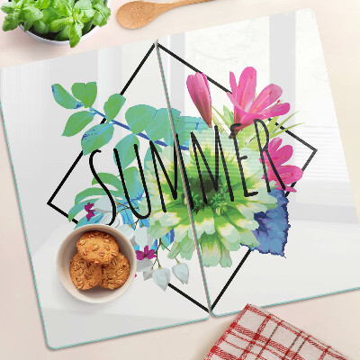 Glasschneidebrett Sommerblumen mit der Aufschrift „SUMMER“