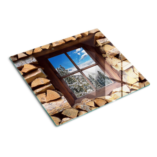 Schneidebrett glas Blick durch das Fenster auf eine Winterlandschaft