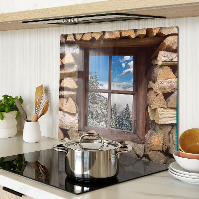 Schneidebrett glas Blick durch das Fenster auf eine Winterlandschaft