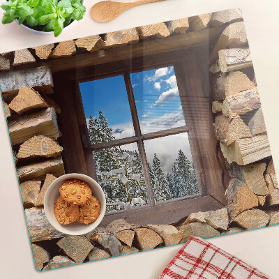 Schneidebrett glas Blick durch das Fenster auf eine Winterlandschaft