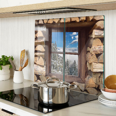 Schneidebrett glas Blick durch das Fenster auf eine Winterlandschaft