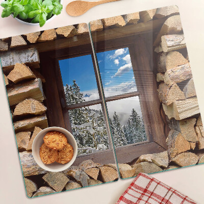 Schneidebrett glas Blick durch das Fenster auf eine Winterlandschaft