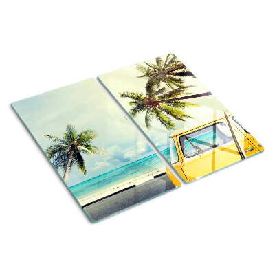 Glasschneidebrett Strand mit Palmen und einem Auto