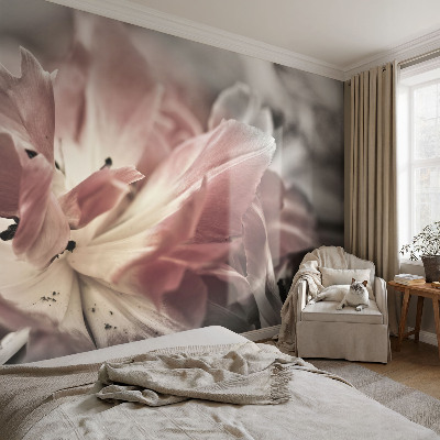 Fototapete fürs Schlafzimmer mit pastellfarbenem Blumenmotiv