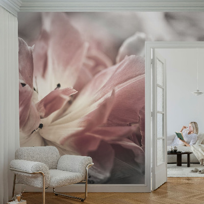 Fototapete fürs Schlafzimmer mit pastellfarbenem Blumenmotiv