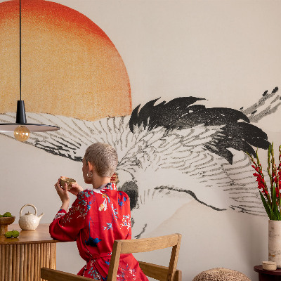 Vliestapete fürs Wohnzimmer mit elegantem Kranichmotiv